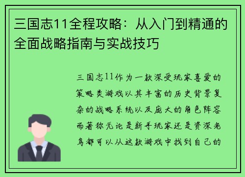 三国志11全程攻略：从入门到精通的全面战略指南与实战技巧