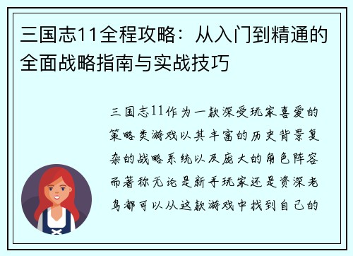 三国志11全程攻略：从入门到精通的全面战略指南与实战技巧