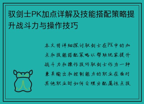 驭剑士PK加点详解及技能搭配策略提升战斗力与操作技巧